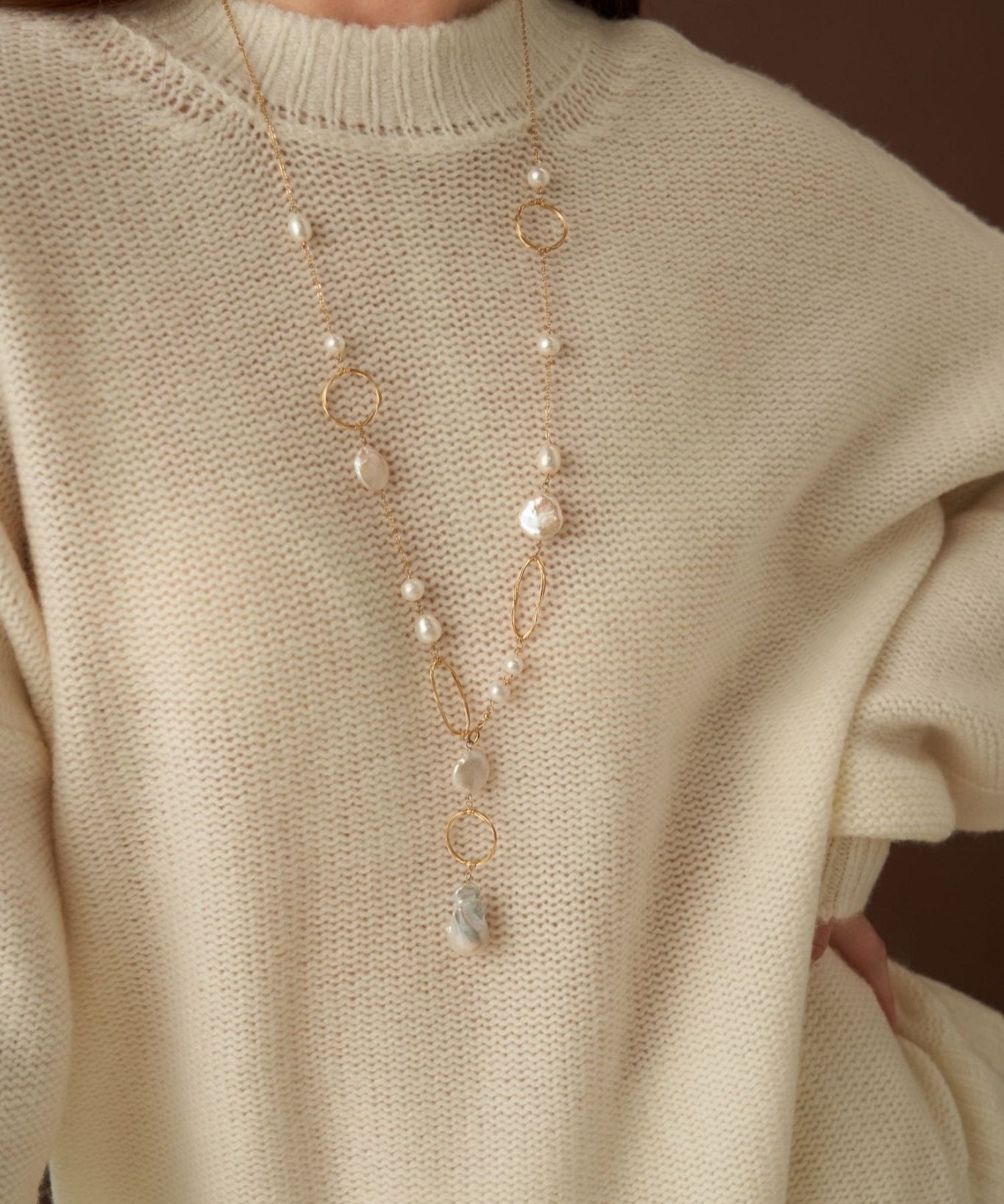 Miracle Series Baroque Pearl Long Necklace with Geometric Patterns/Sweater Chain - CKQJ2023080