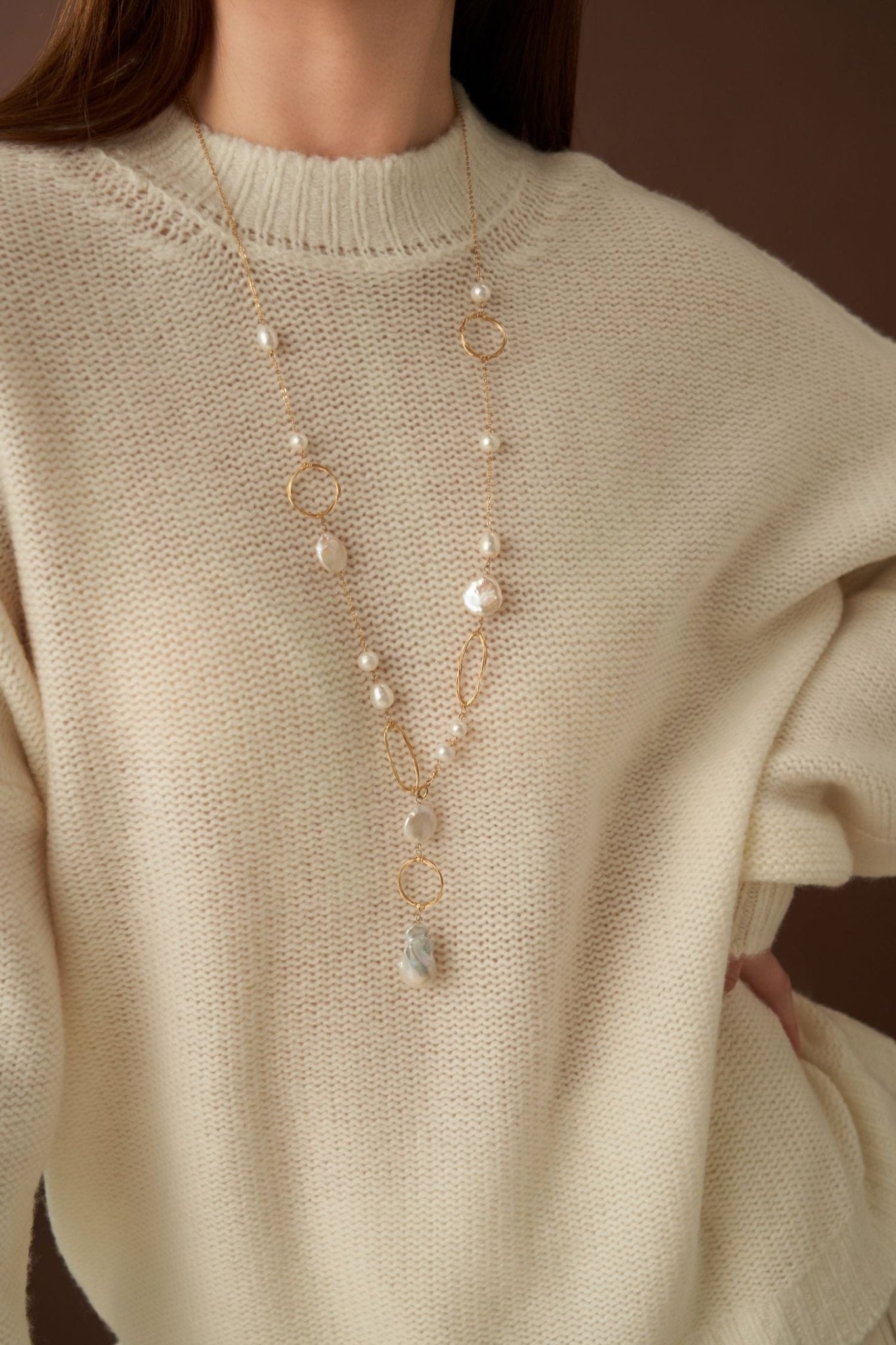 Miracle Series Baroque Pearl Long Necklace with Geometric Patterns/Sweater Chain - CKQJ2023080