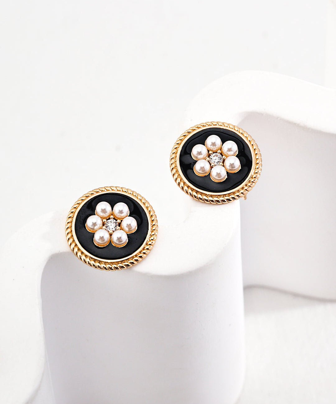 Classic Chanel - inspired Vintage Enamel Glaze Pearl Stud Earrings - floysun