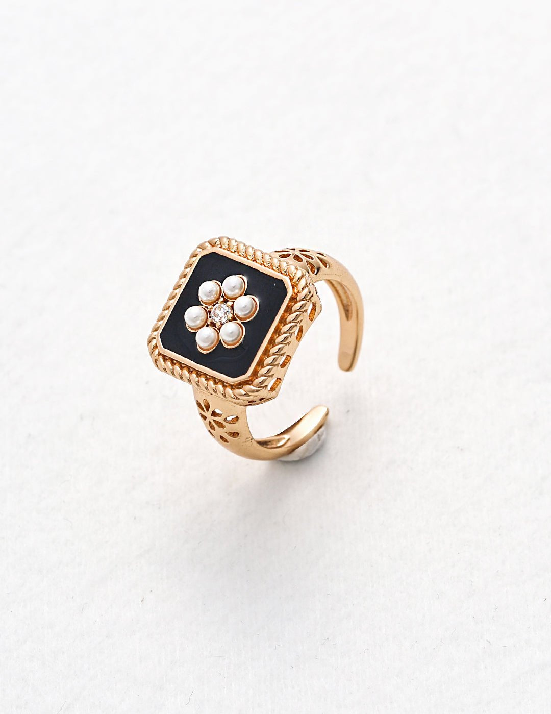 Classic Chanel - inspired Vintage Square Enamel Glazed Pearl Open Ring - floysun