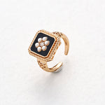 Classic Chanel - inspired Vintage Square Enamel Glazed Pearl Open Ring - floysun