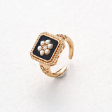 Classic Chanel - inspired Vintage Square Enamel Glazed Pearl Open Ring - floysun