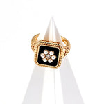 Classic Chanel - inspired Vintage Square Enamel Glazed Pearl Open Ring - floysun