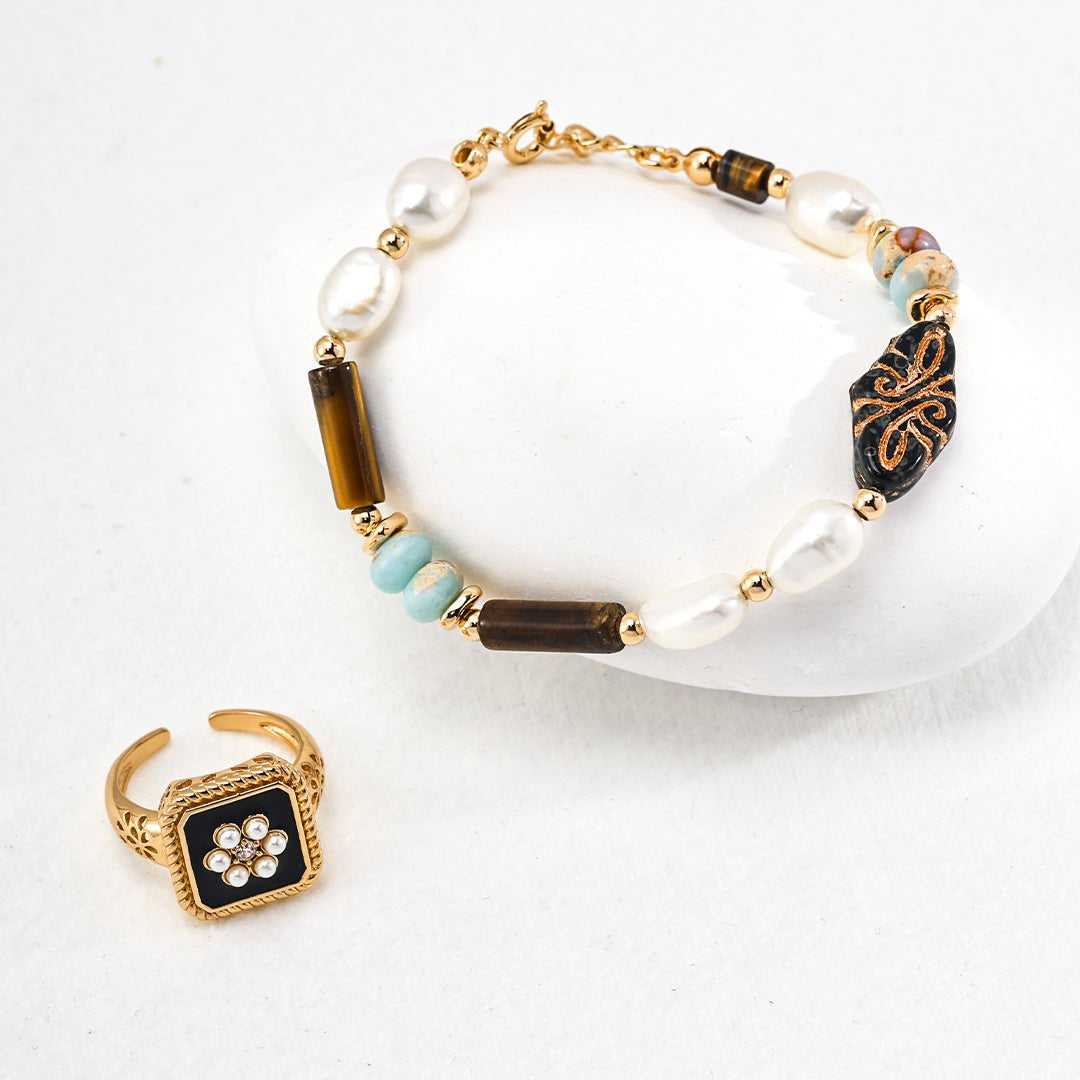 Classic Chanel - inspired Vintage Square Enamel Glazed Pearl Open Ring - floysun