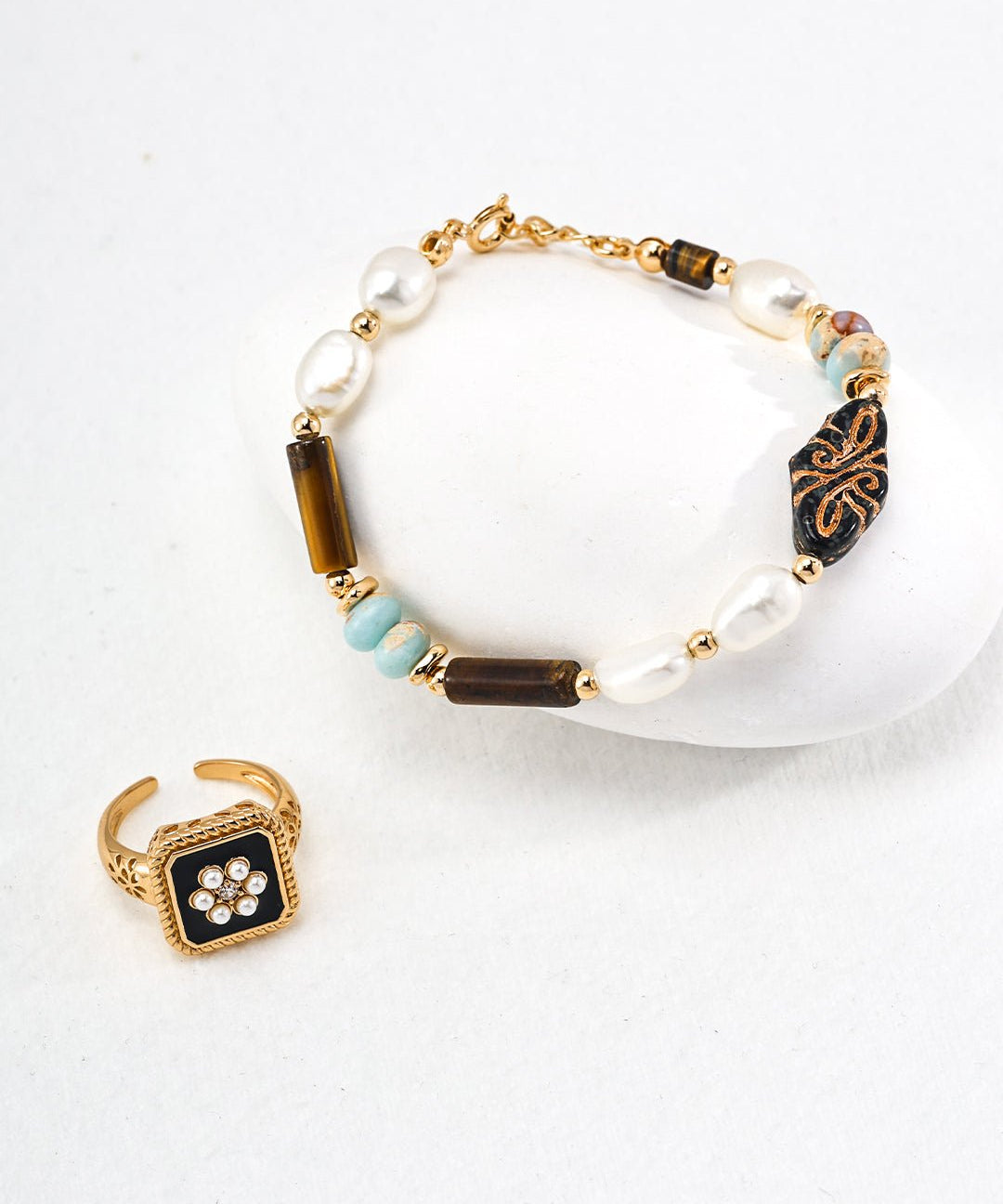 Classic Chanel - inspired Vintage Square Enamel Glazed Pearl Open Ring - floysun