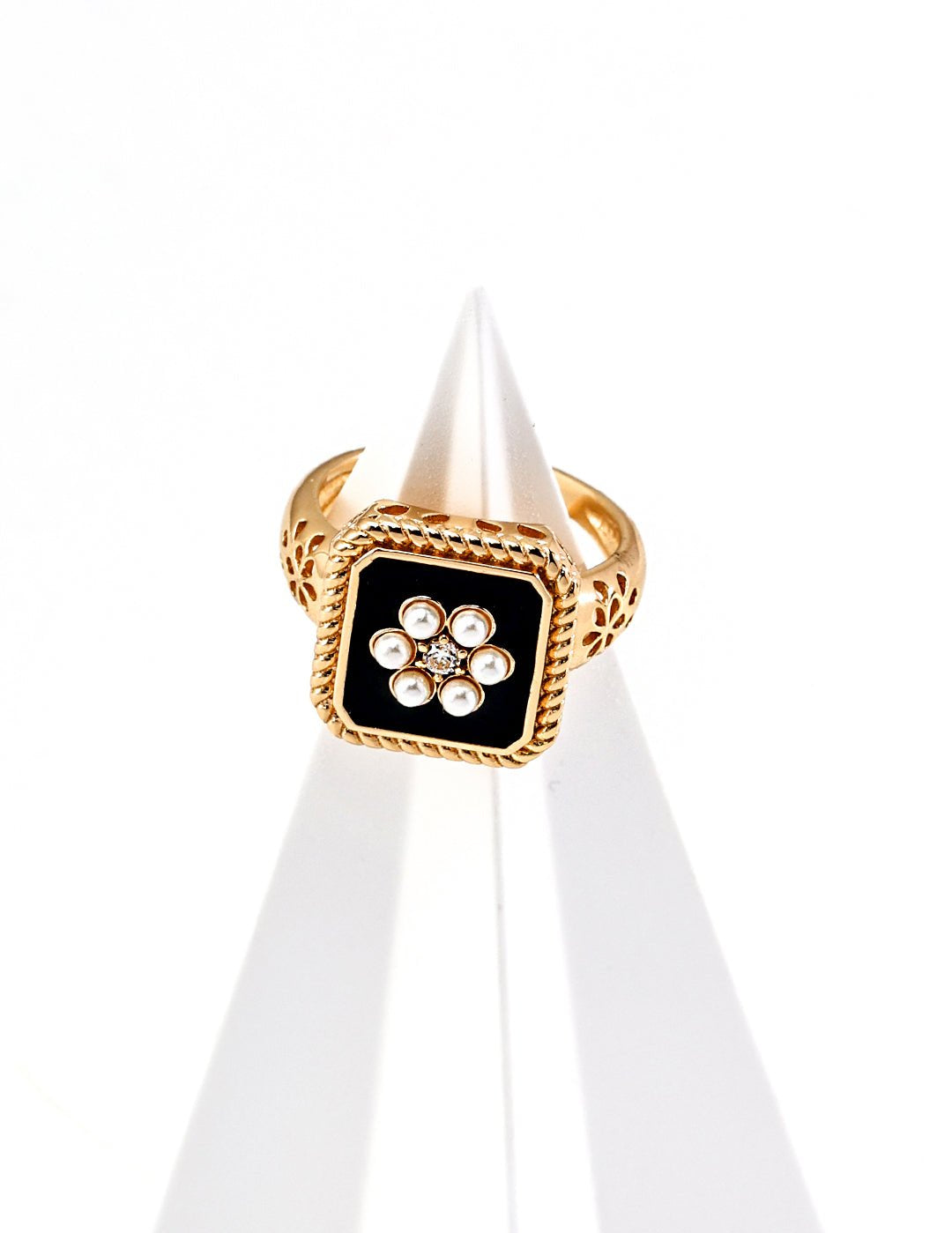 Classic Chanel - inspired Vintage Square Enamel Glazed Pearl Open Ring - floysun