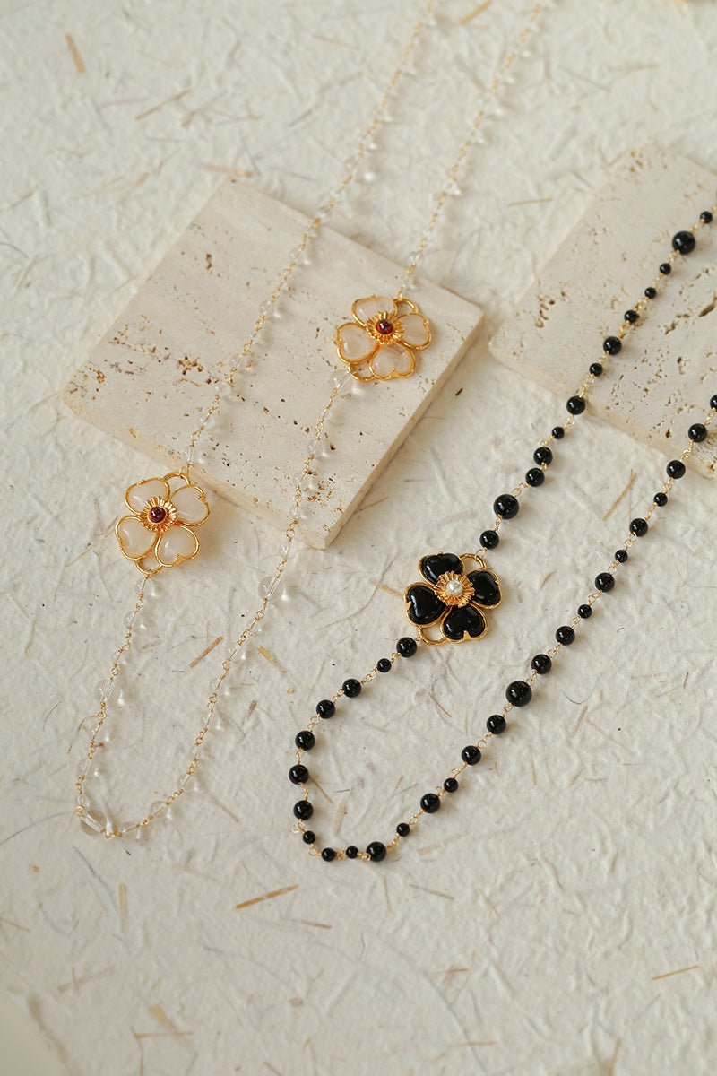 Classic French Romance Clover Long Necklace - Black Onyx - floysun