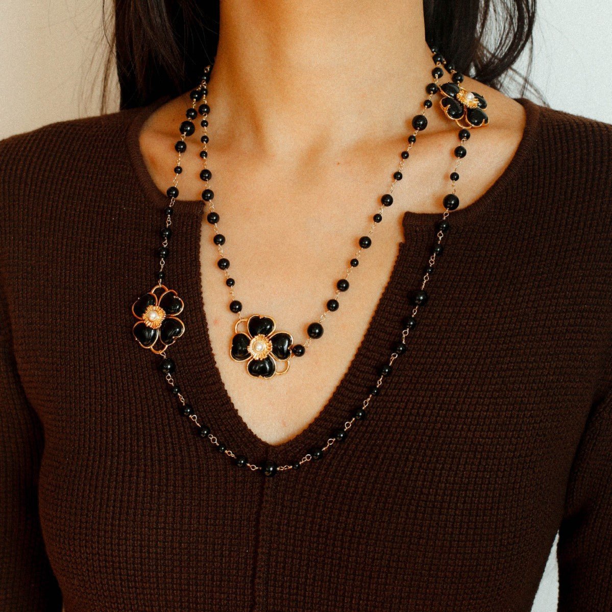 Classic French Romance Clover Long Necklace - Black Onyx - floysun