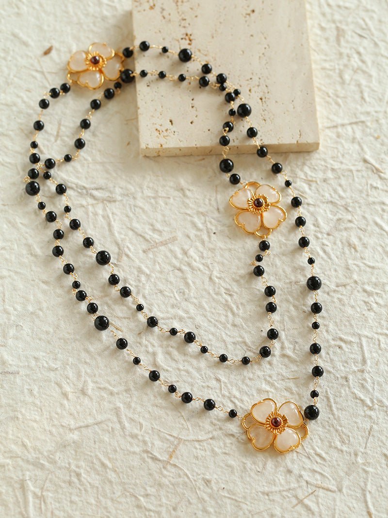 Classic French Romance Clover Long Necklace - Black Onyx - floysun