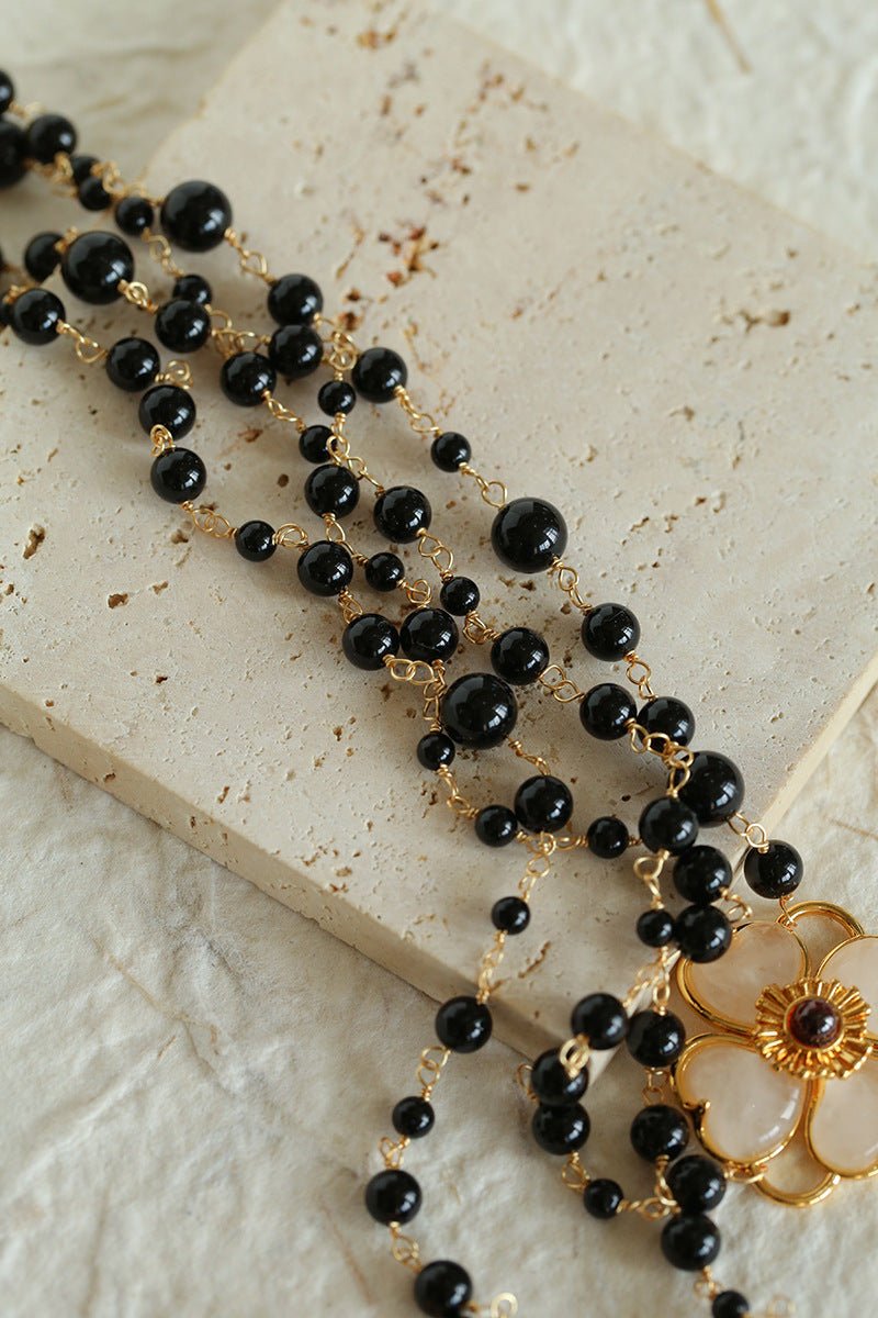 Classic French Romance Clover Long Necklace - Black Onyx - floysun