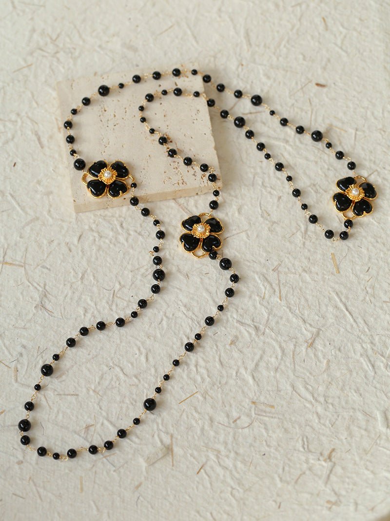 Classic French Romance Clover Long Necklace - Black Onyx - floysun