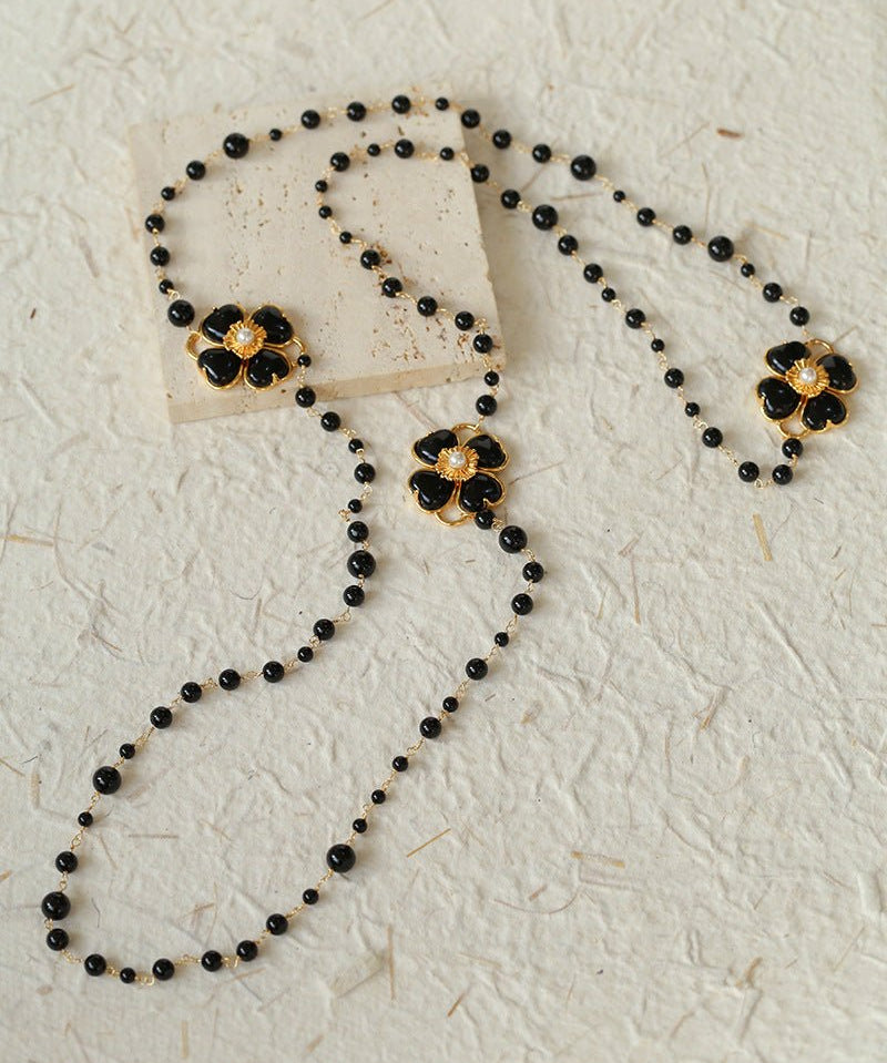 Classic French Romance Clover Long Necklace - Black Onyx - floysun