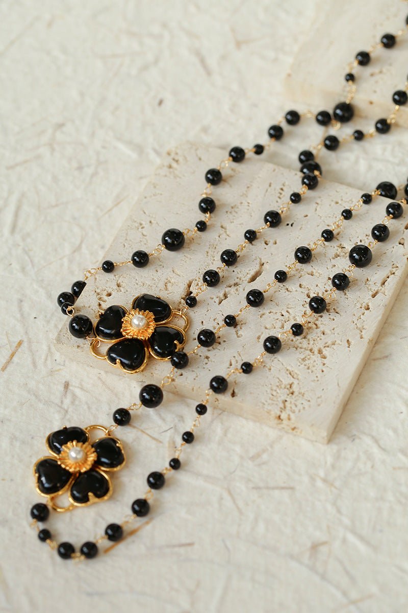 Classic French Romance Clover Long Necklace - Black Onyx - floysun