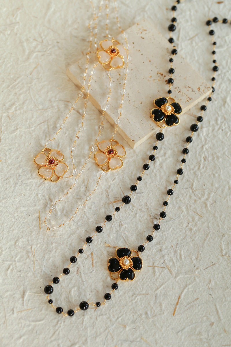 Classic French Romance Clover Long Necklace - Black Onyx - floysun