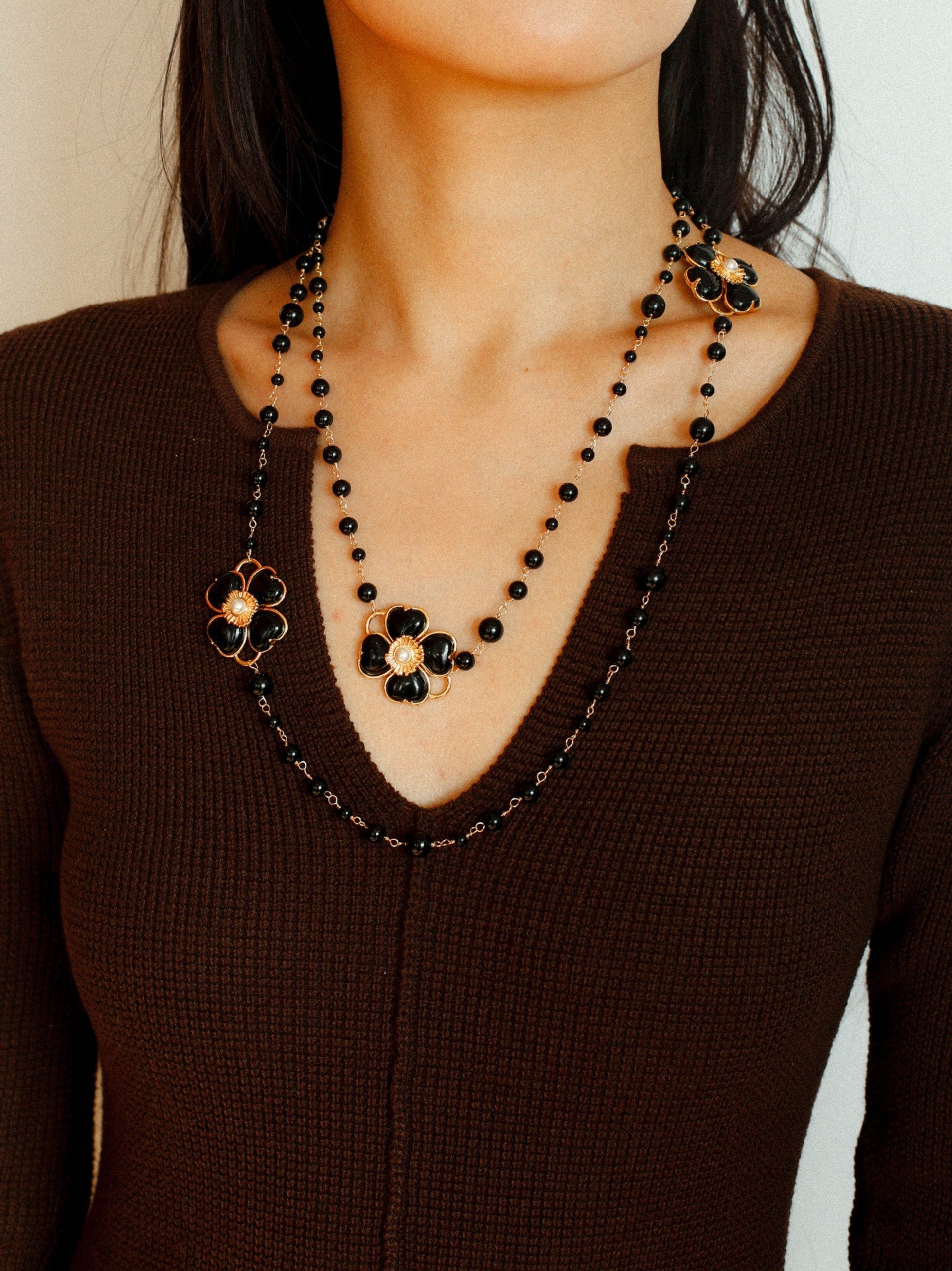 Classic French Romance Clover Long Necklace - Black Onyx - floysun