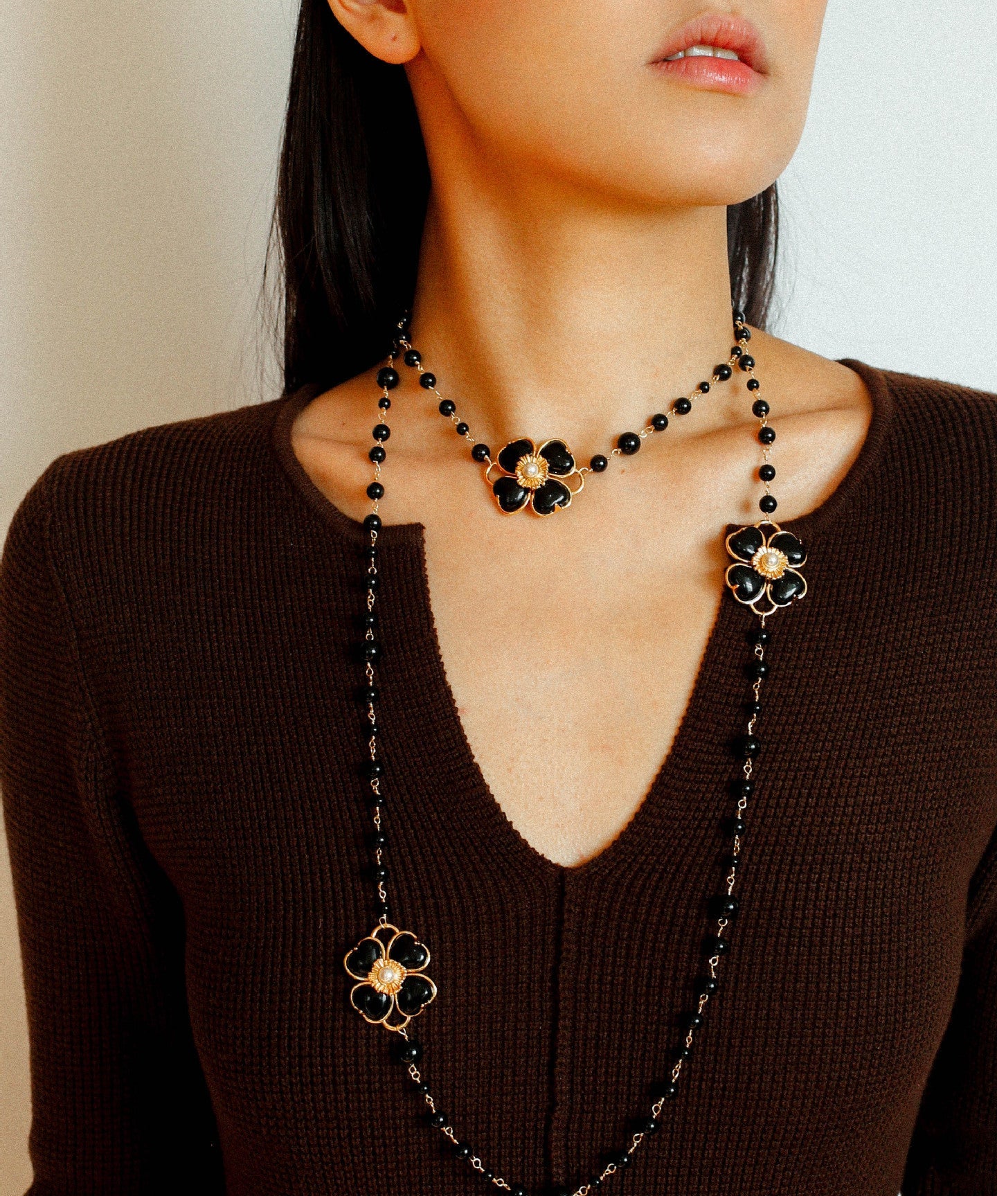 Classic French Romance Clover Long Necklace - Black Onyx - floysun