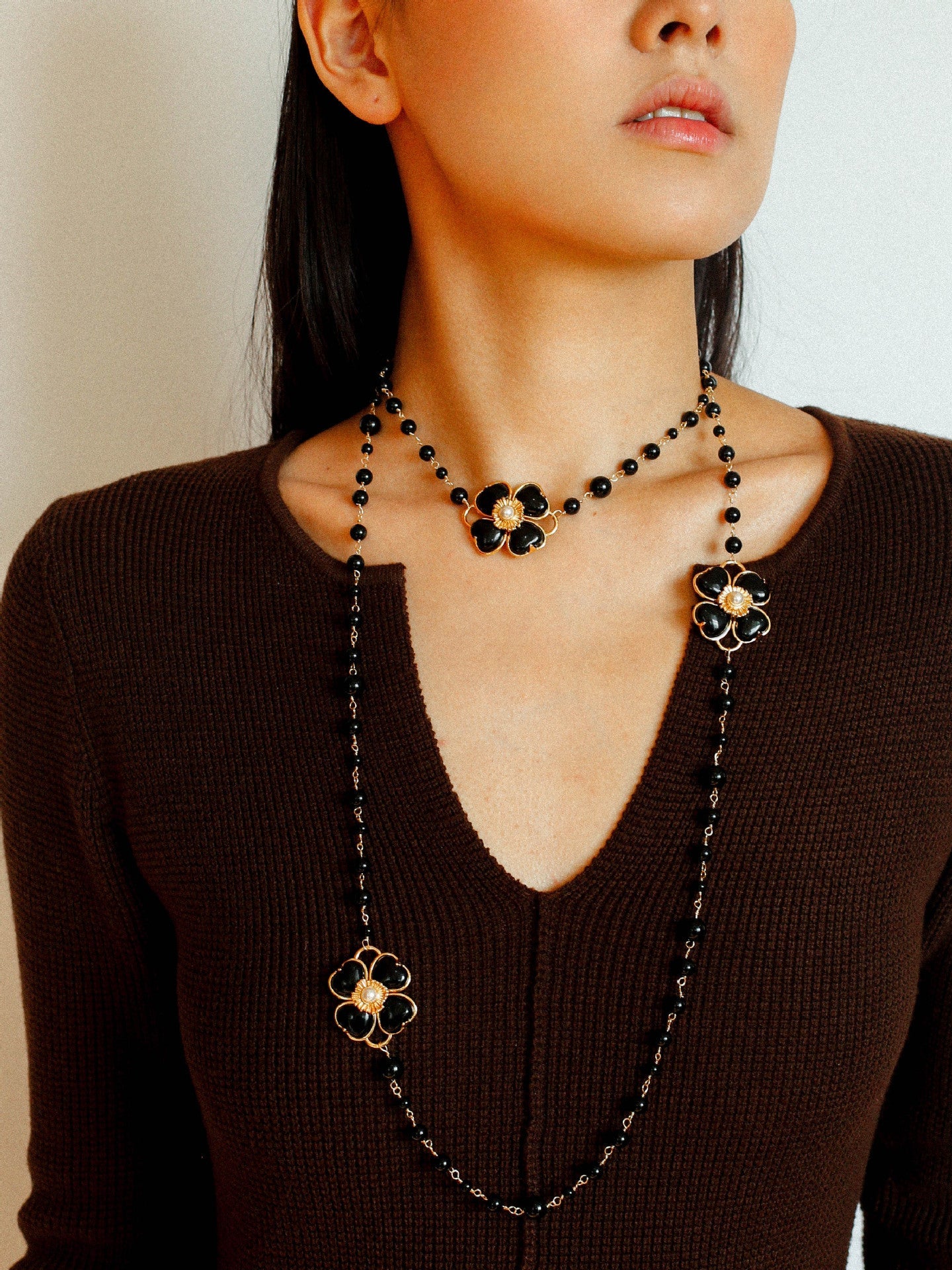 Classic French Romance Clover Long Necklace - Black Onyx - floysun