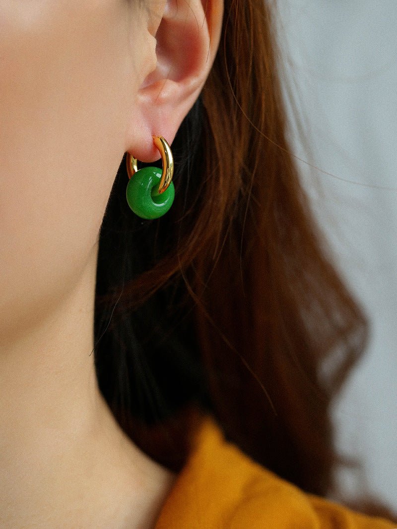 Classic Green Natural Stone Jade Hoop Earrings - floysun