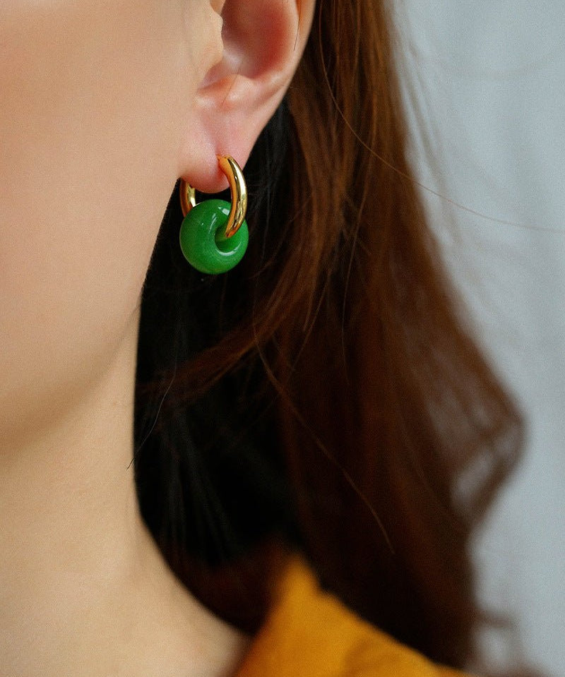 Classic Green Natural Stone Jade Hoop Earrings - floysun