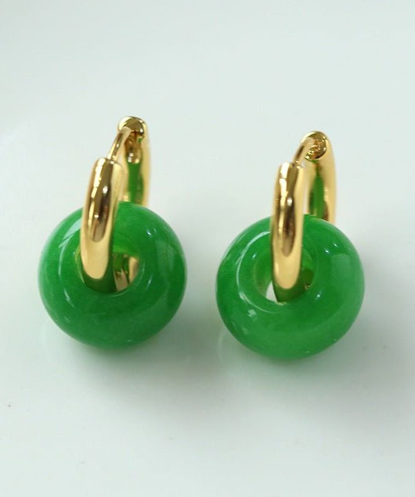 Classic Green Natural Stone Jade Hoop Earrings - floysun