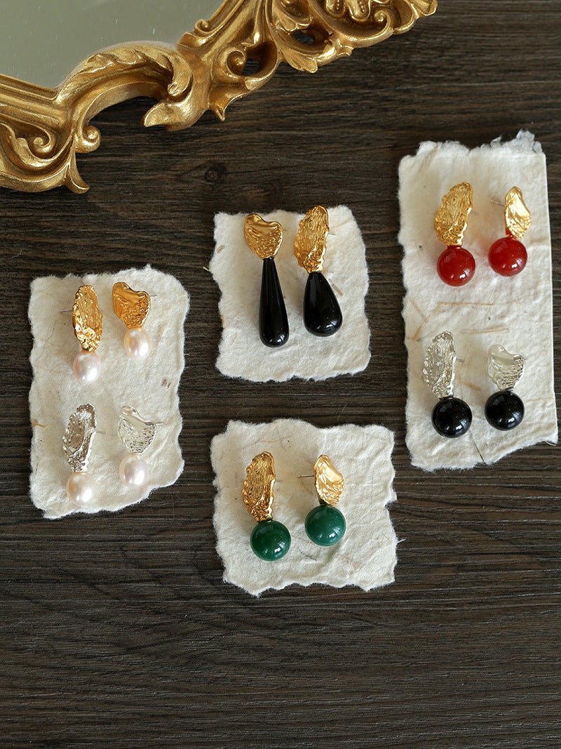 Classic Oil Brushstroke Series Earrings Lava Asymmetrical Shape with Agate Drops - floysun