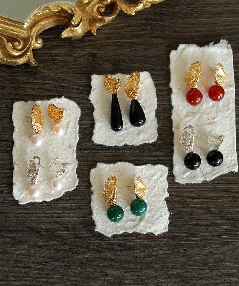 Classic Oil Brushstroke Series Earrings Lava Asymmetrical Shape with Agate Drops - floysun