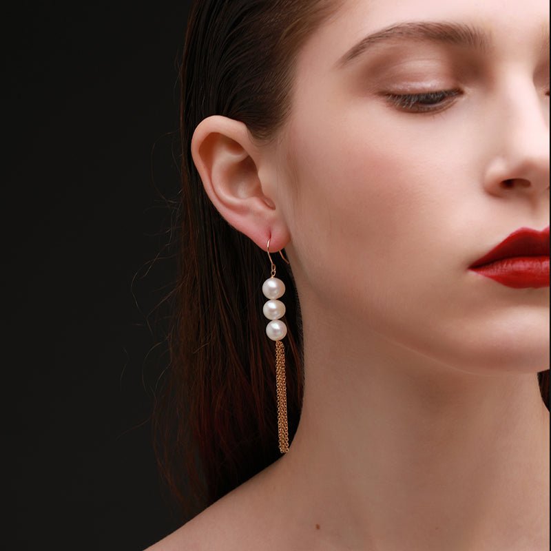 COCOKIM Flowing Bead Series Triple Pearl Tassel Earrings - floysun