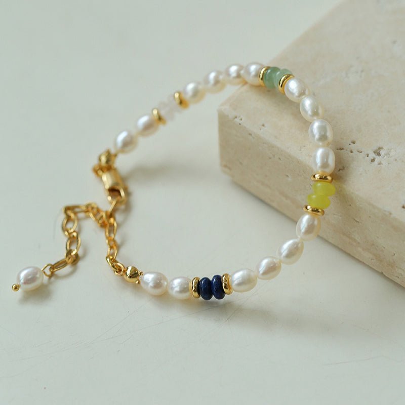 Colored Gemstone and Rice Pearl Beaded Bracelet - floysun