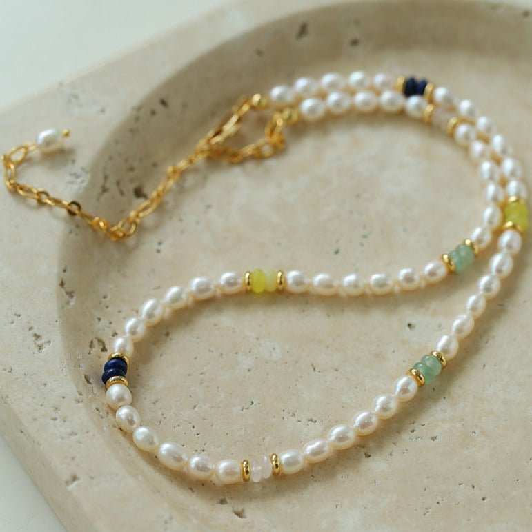Colored Gemstone and Rice Pearl Beaded Necklace - floysun