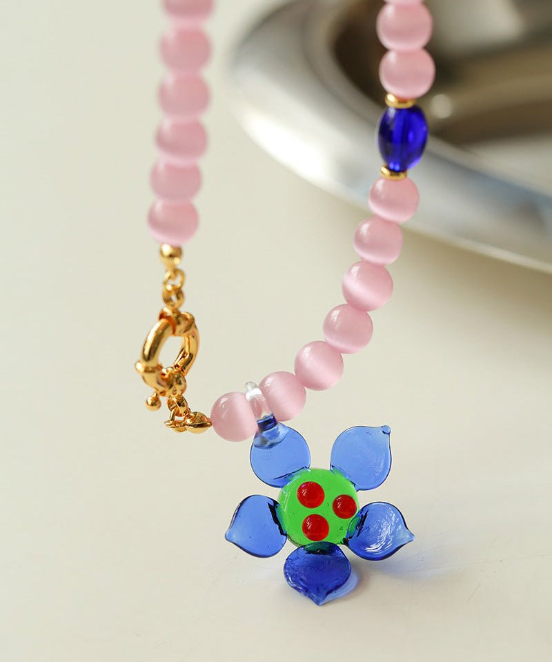 Colorful Cat's Eye Daisy Flower Beaded Necklace - floysun