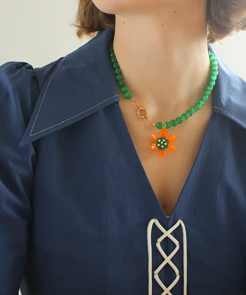 Colorful Cat's Eye Daisy Flower Beaded Necklace - floysun