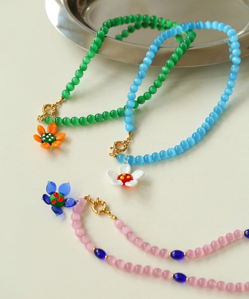 Colorful Cat's Eye Daisy Flower Beaded Necklace - floysun