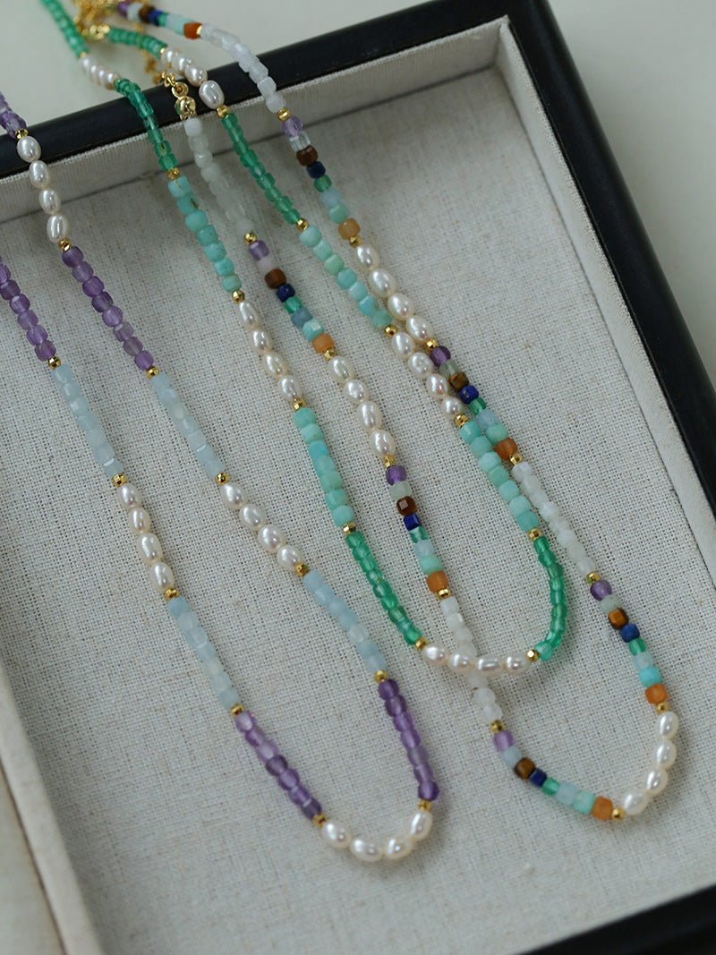 Colorful Faceted Gemstone Summer Vibes Pearl Beaded Necklace - floysun