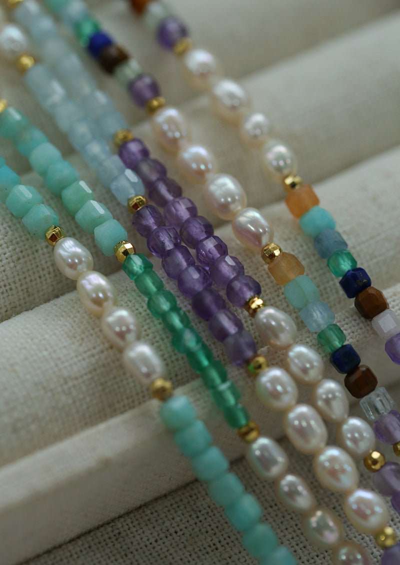 Colorful Faceted Gemstone Summer Vibes Pearl Beaded Necklace - floysun