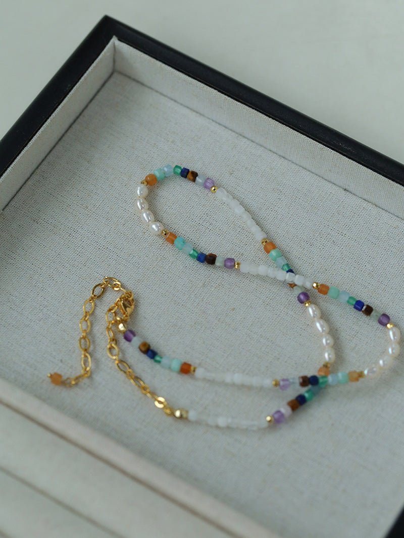 Colorful Faceted Gemstone Summer Vibes Pearl Beaded Necklace - floysun