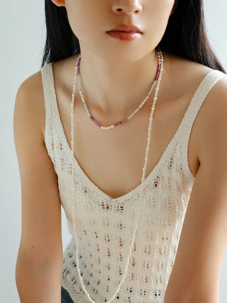 Colorful Faceted Gemstone Summer Vibes Pearl Beaded Necklace - floysun