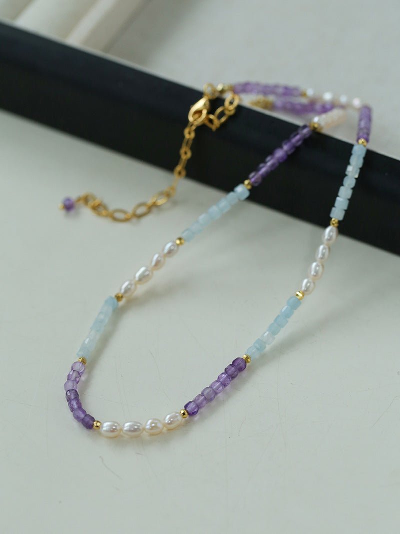 Colorful Faceted Gemstone Summer Vibes Pearl Beaded Necklace - floysun