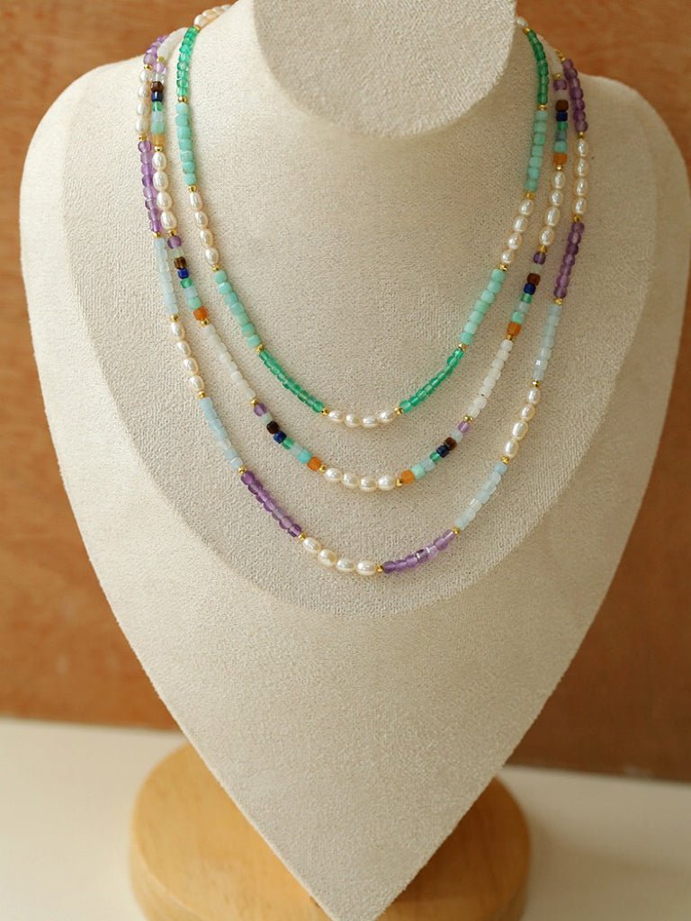 Colorful Faceted Gemstone Summer Vibes Pearl Beaded Necklace - floysun