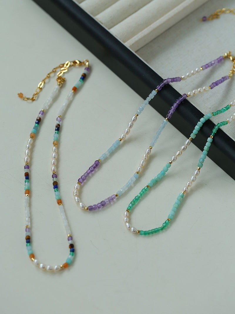 Colorful Faceted Gemstone Summer Vibes Pearl Beaded Necklace - floysun