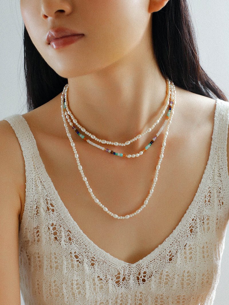 Colorful Faceted Gemstone Summer Vibes Pearl Beaded Necklace - floysun