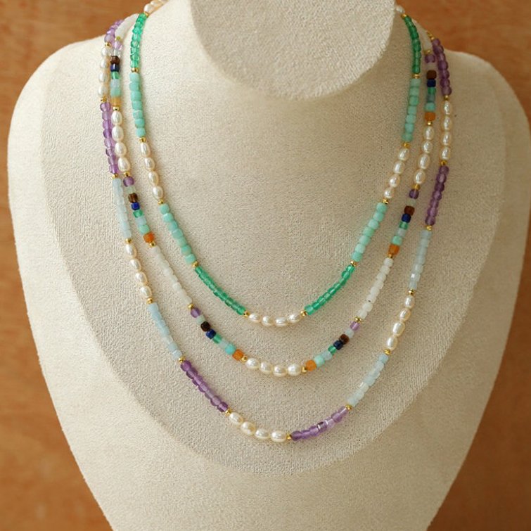 Colorful Faceted Gemstone Summer Vibes Pearl Beaded Necklace - floysun