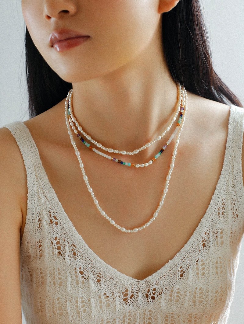 Colorful Faceted Gemstone Summer Vibes Pearl Beaded Necklace - floysun