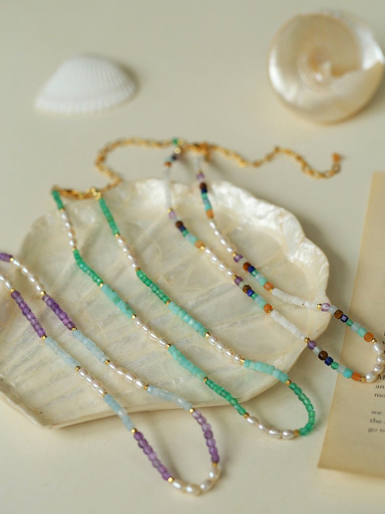 Colorful Faceted Gemstone Summer Vibes Pearl Beaded Necklace - floysun