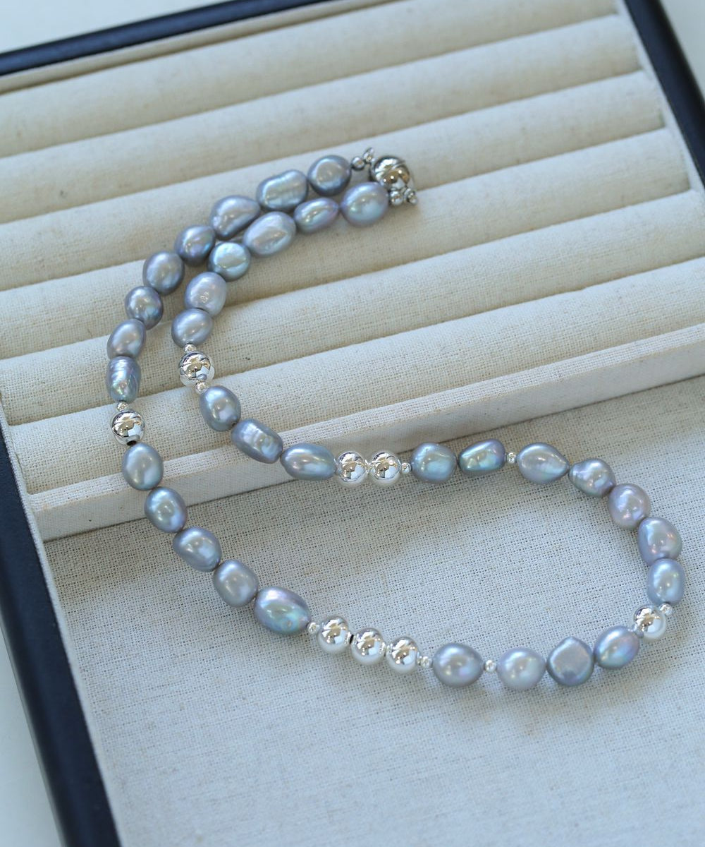 Colorful Freshwater Pearl and Silver Ball Beaded Necklace - floysun