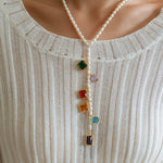 Colorful Geometric Multi - Gemstone Pendant and Pearl Y - shaped Necklace - floysun