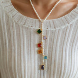 Colorful Geometric Multi - Gemstone Pendant and Pearl Y - shaped Necklace - floysun