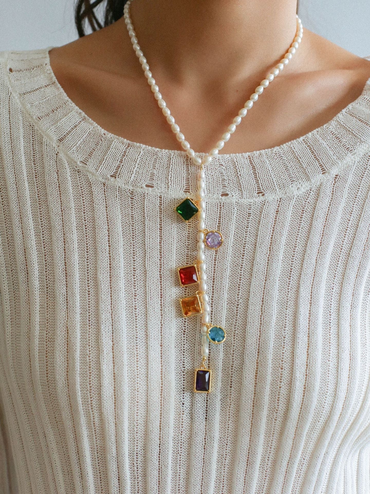 Colorful Geometric Multi - Gemstone Pendant and Pearl Y - shaped Necklace - floysun