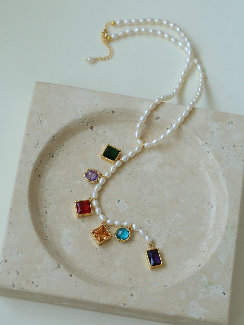 Colorful Geometric Multi - Gemstone Pendant and Pearl Y - shaped Necklace - floysun