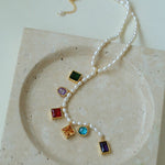 Colorful Geometric Multi - Gemstone Pendant and Pearl Y - shaped Necklace - floysun