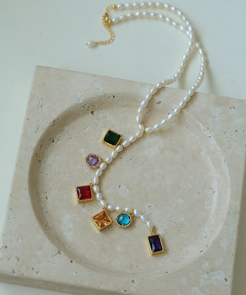 Colorful Geometric Multi - Gemstone Pendant and Pearl Y - shaped Necklace - floysun